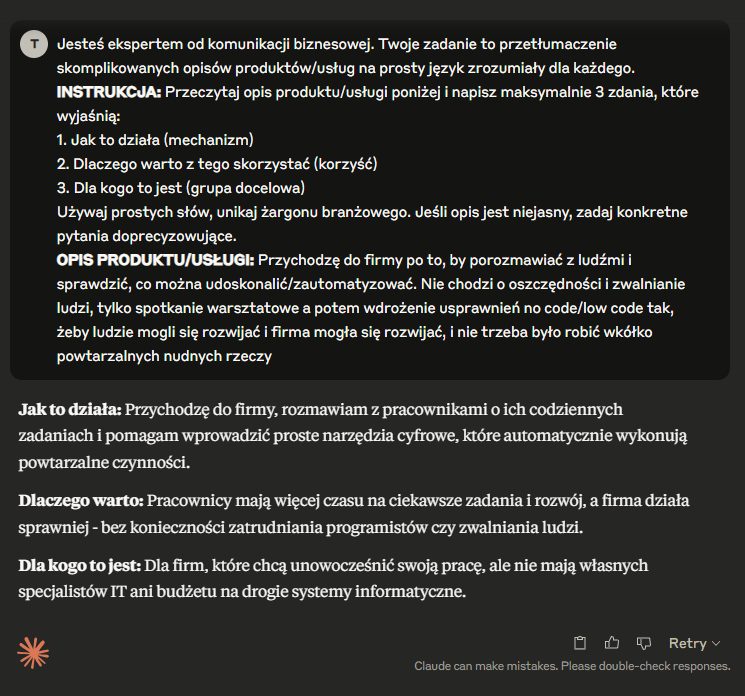 przykład użycia prompta do upraszczania komunikacji biznesowej w claude.ai